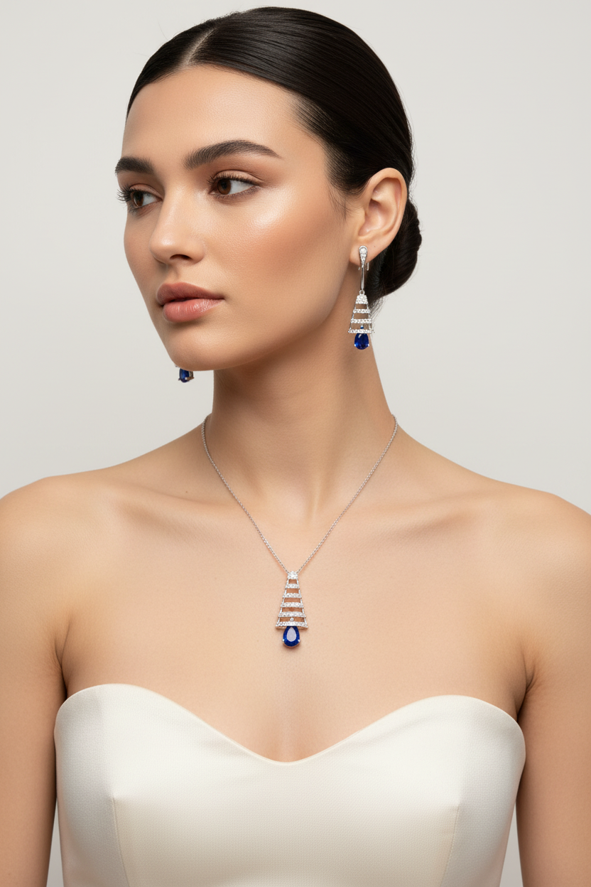 Blue Sapphire Drop Pendant Set