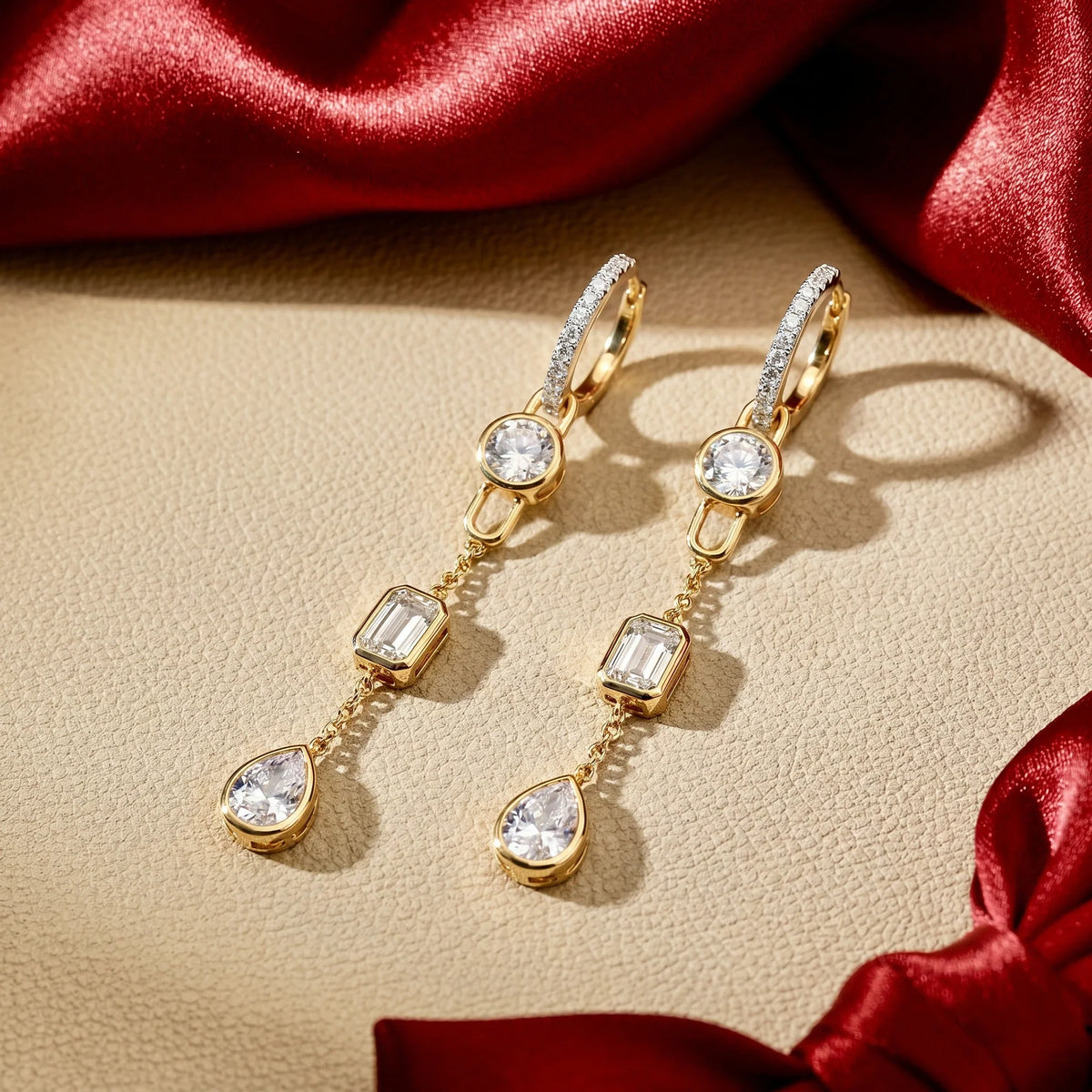 Gold Triple Drop Link Earrings