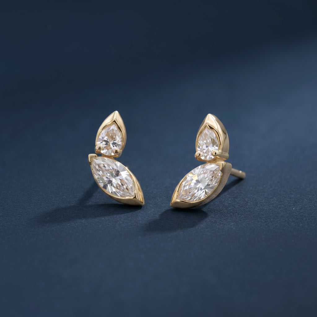 Gold Pear Marquise Stud Earrings
