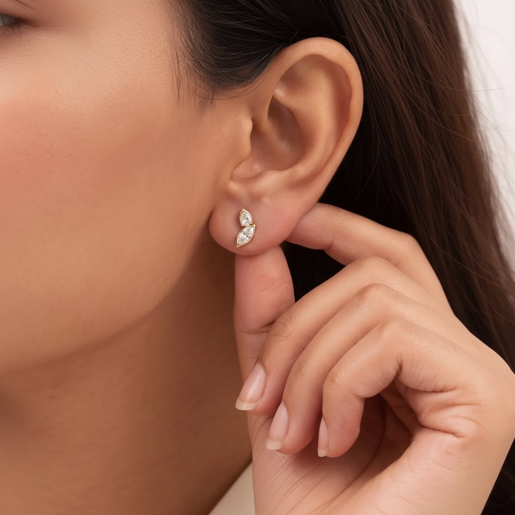 Gold Pear Marquise Stud Earrings