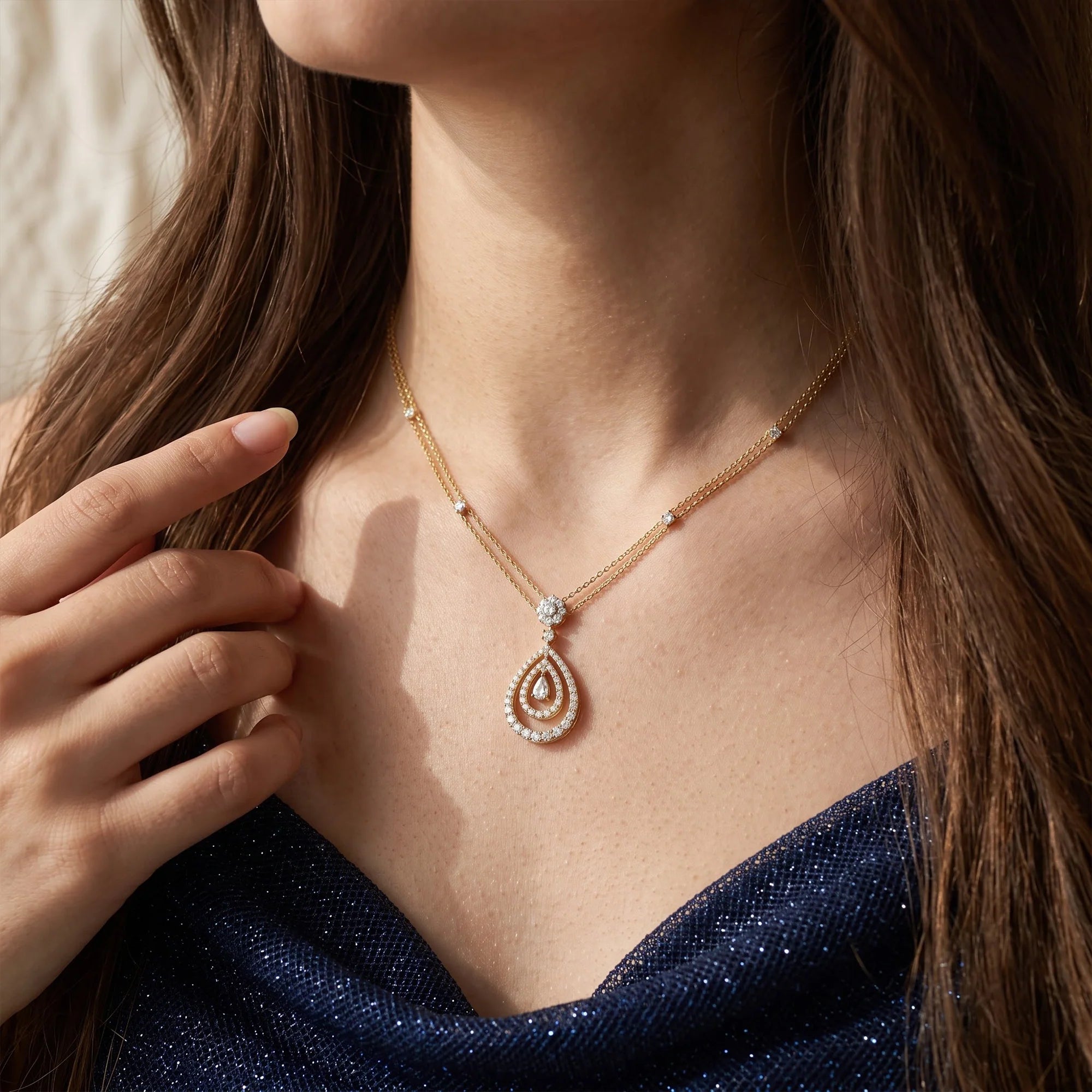 Gold Pear Halo Drop Necklace
