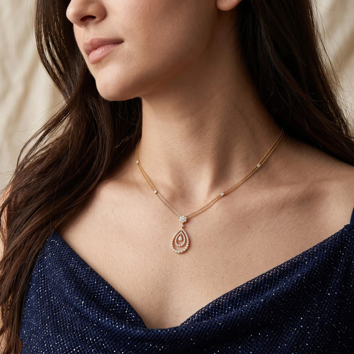 Gold Pear Halo Drop Necklace