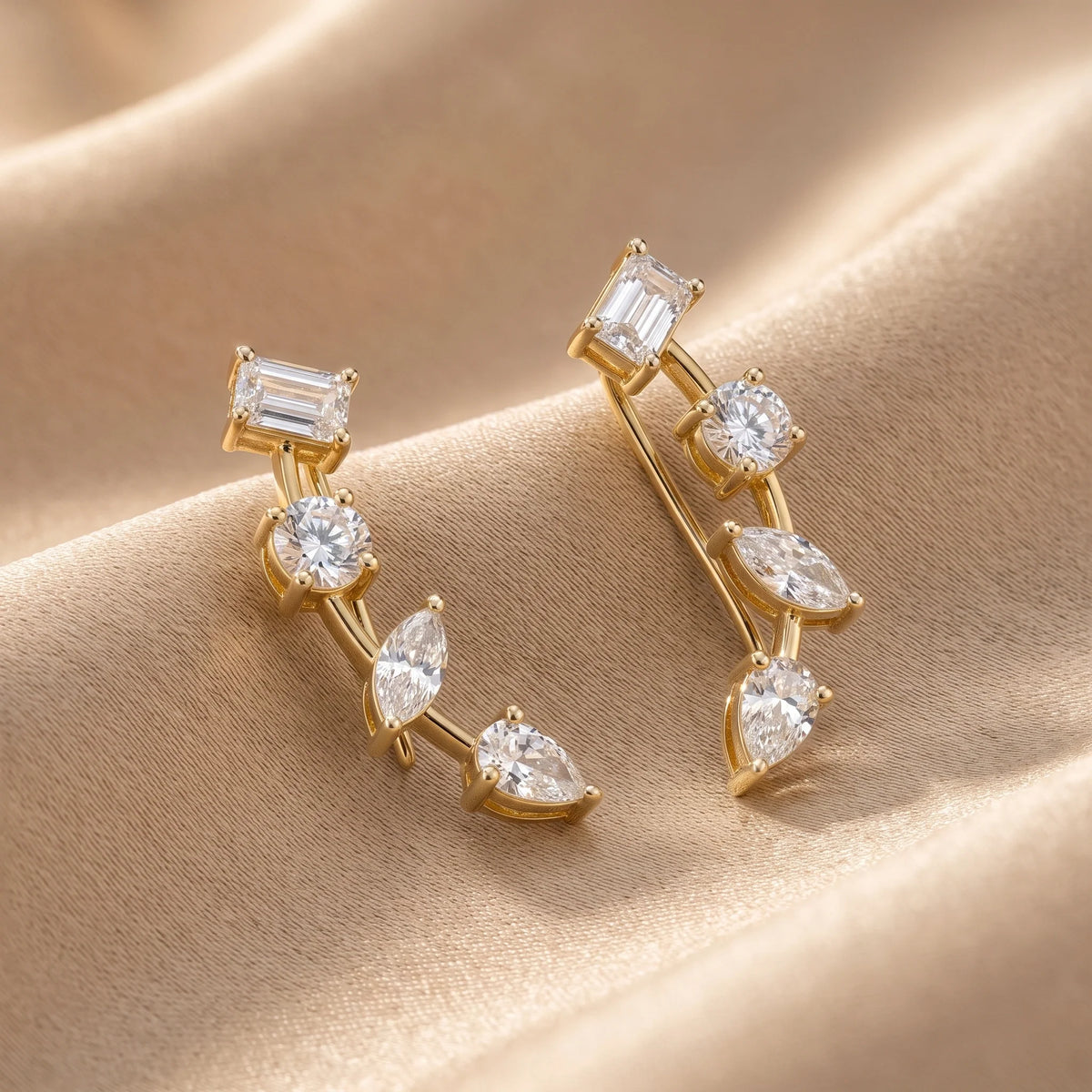 Gold Mixed Cut Climber Earrings