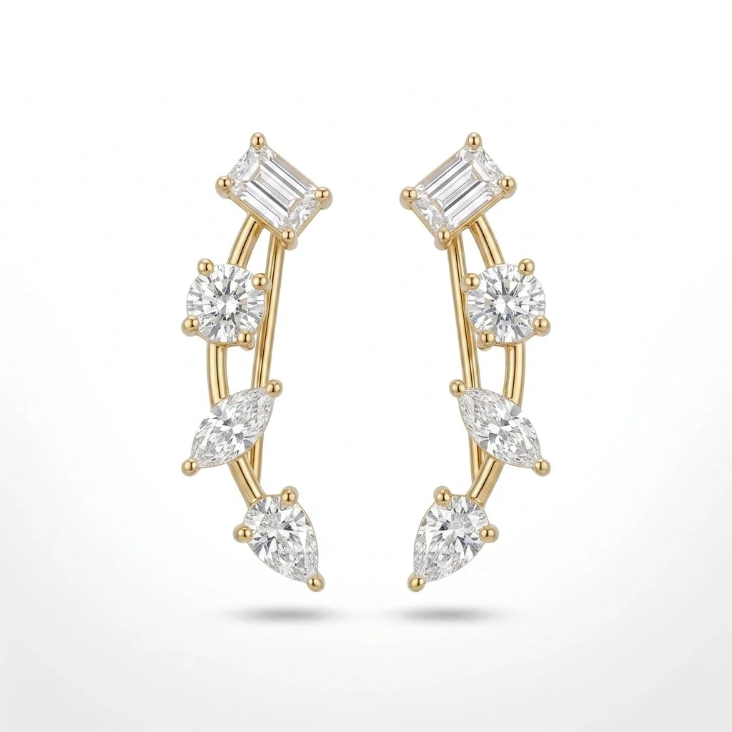 Gold Mixed Cut Climber Earrings