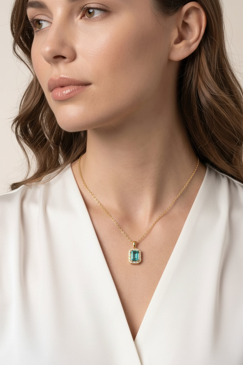 Aqua Halo Emerald Pendant