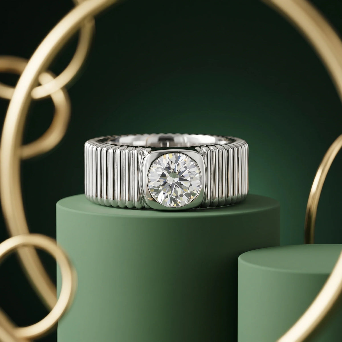 Silver Ribbed Crest Solitaire Ring