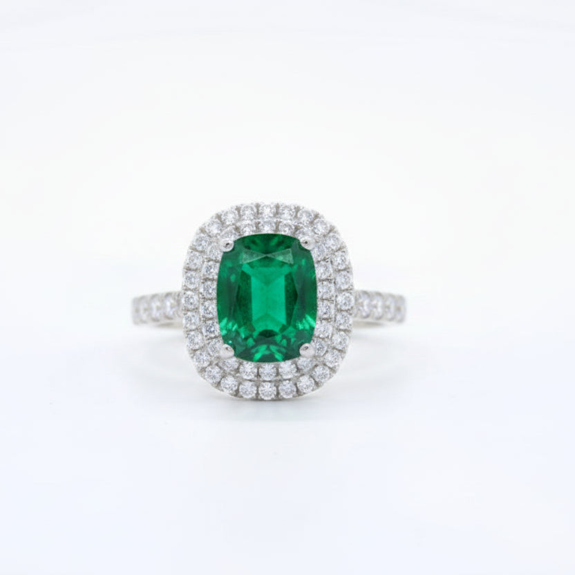 Silver Emerald Cushion Halo Ring