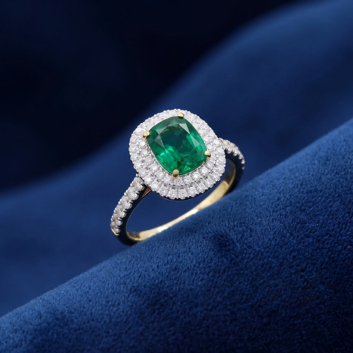 Silver Emerald Cushion Halo Ring