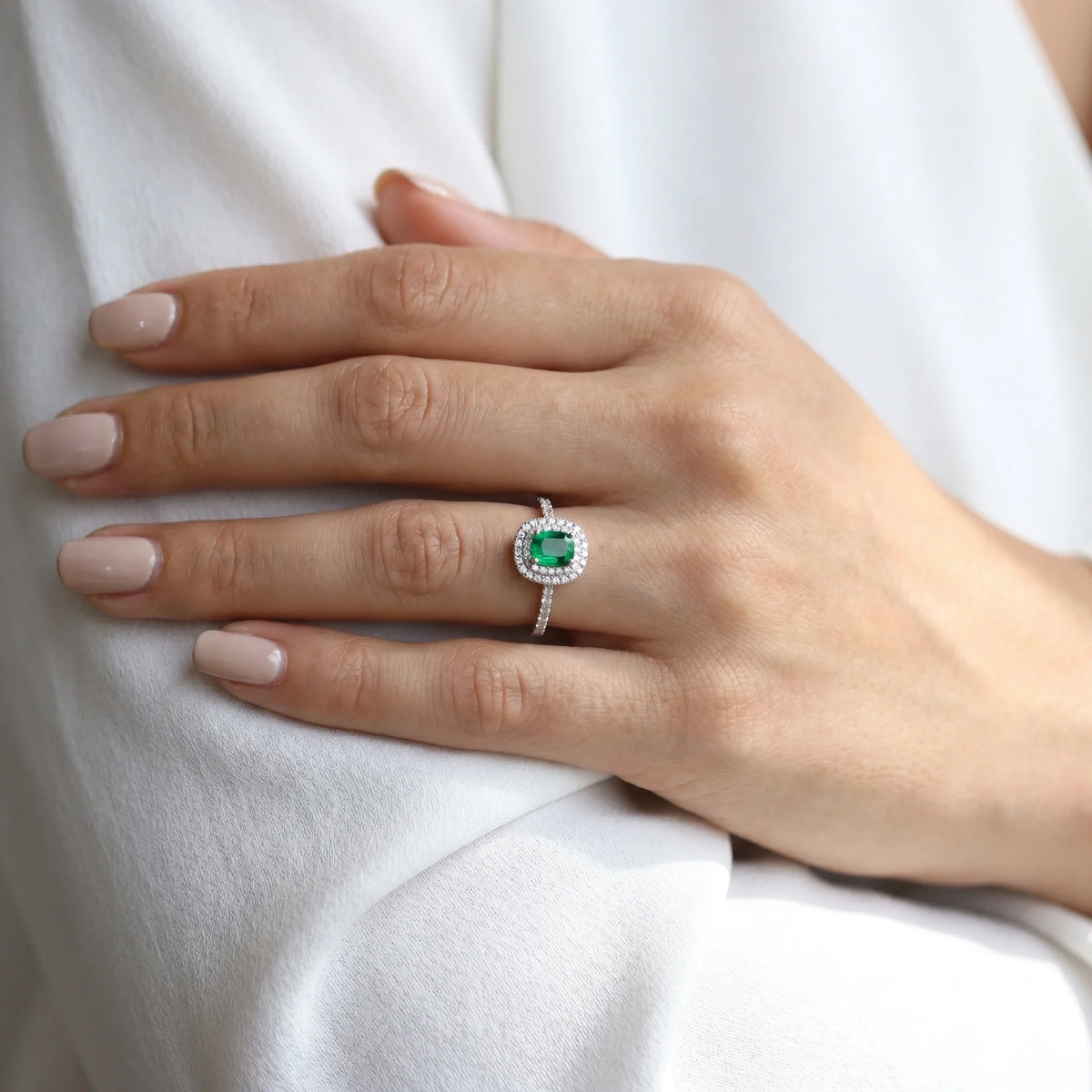 Silver Emerald Cushion Halo Ring