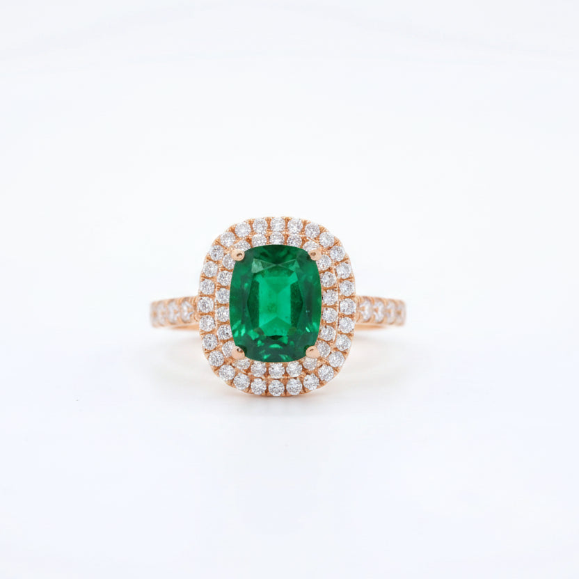 Silver Emerald Cushion Halo Ring