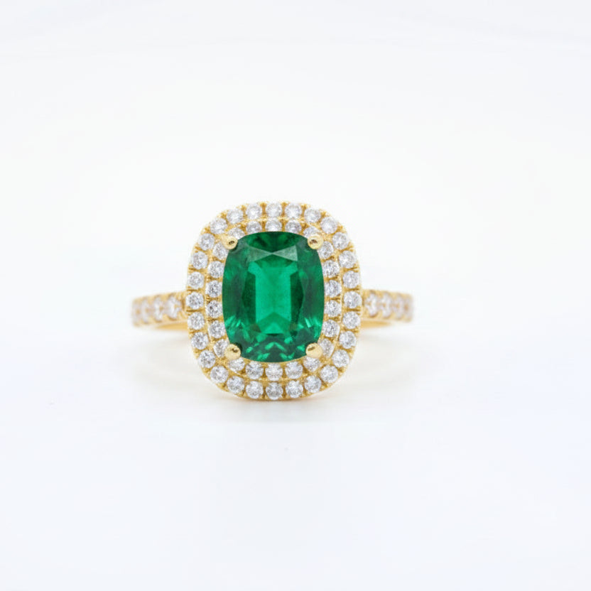 Silver Emerald Cushion Halo Ring