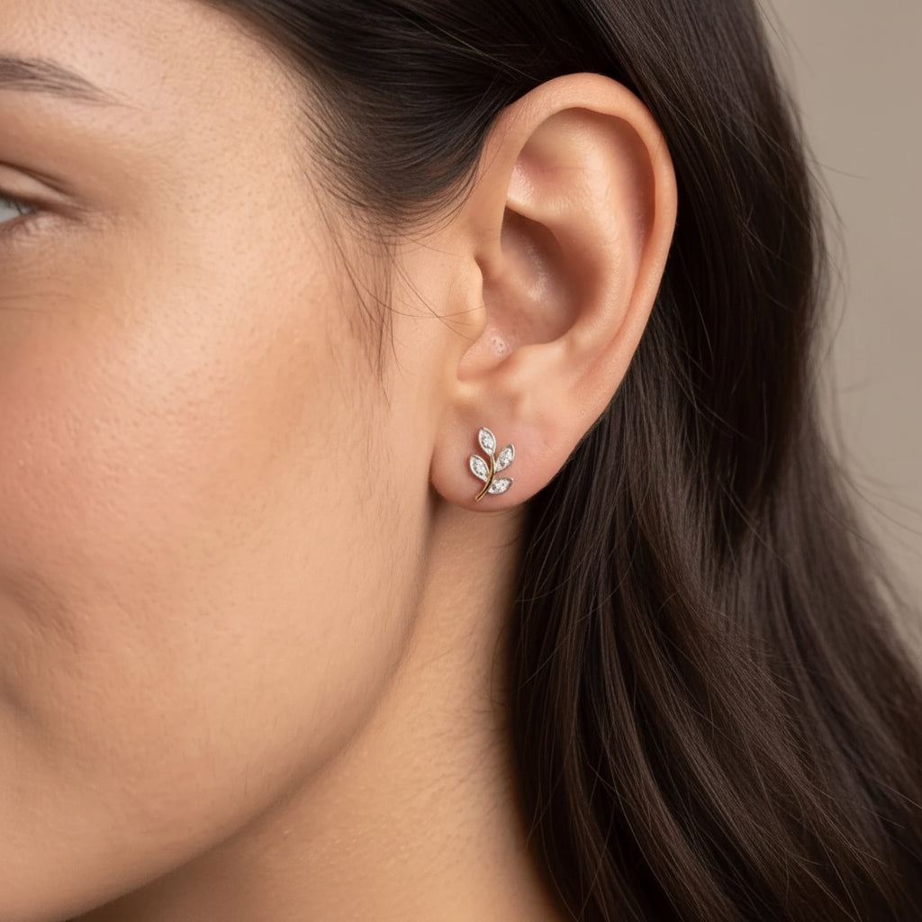 Gold Leaf Sprig Stud Earrings