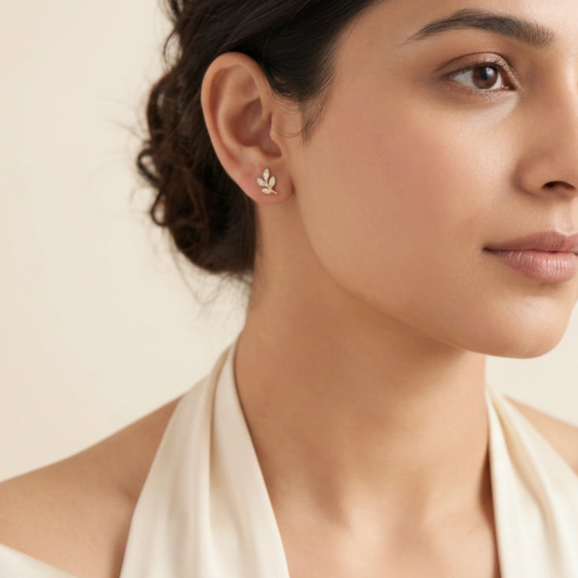 Gold Leaf Sprig Stud Earrings